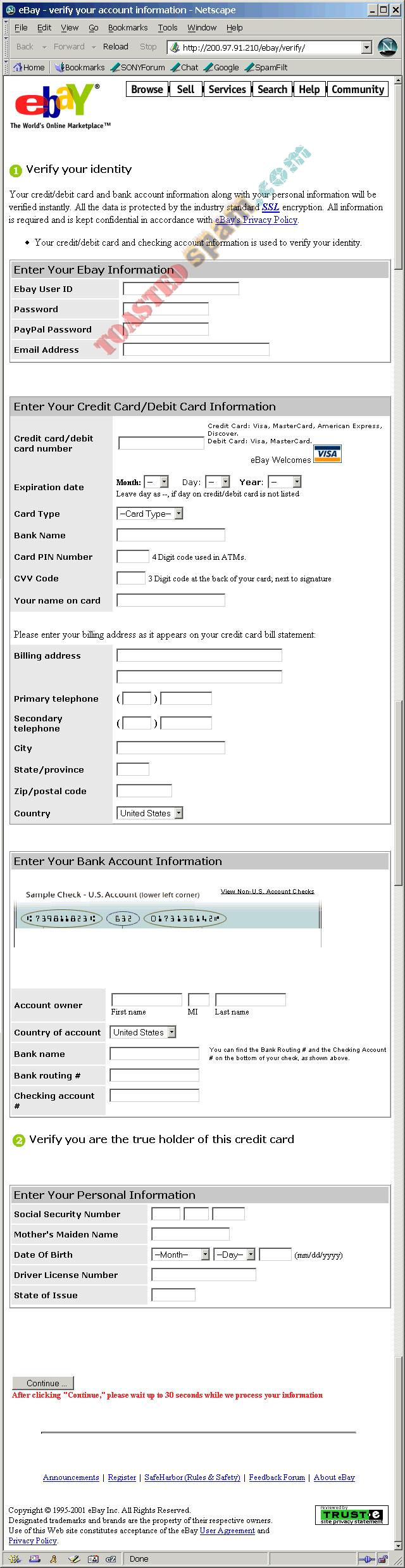 toastedspam.com 200.97.91.210 ebay_0001 - 2004-04-03	ebay phishing scam - 200.97.91.210/ebay/verify