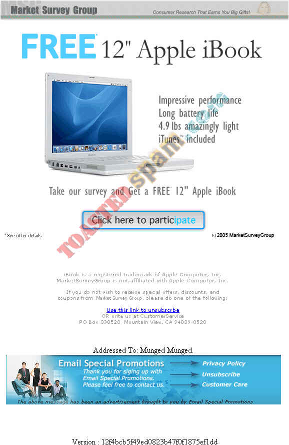 toastedspam.com bestmailcenter.net 0001 - 2005-08-26	marketsurveygroup.com email special promotions - bestmailcenter.net/links1.5/149-1b mailto:networksol@yfdirect.com 512-652-9015