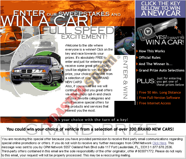 toastedspam.com email deliveries.net_0001 - 2003-01-27	car sweepstakes - one stop data - ct.email-deliveries.net/fcgi-bin/opmt.fcgi omnipointmarket@aol.com 561-862-6000 877-678-2536