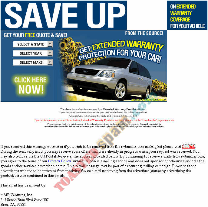 toastedspam.com rwbmailer.com 0001 - 2004-03-20	auto warranty azoogleads.com - www.rwbmailer.com/zzyzzx/auto.php mailto:jflemingiv@hotmail.com 909-768-0901 888-666-3120